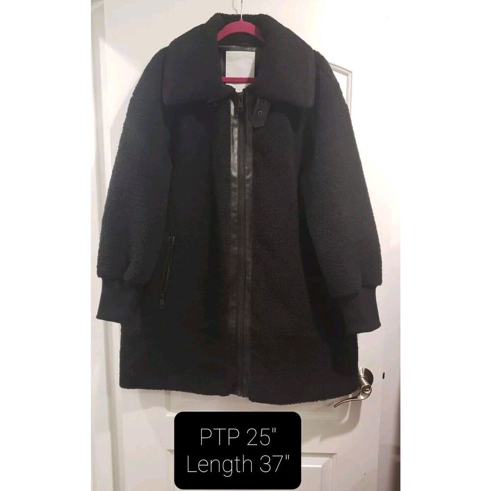 NVLT Anthropologie Berber Black Sherpa Coat Faux Leather Trim Ribbed Cuff1X NWT